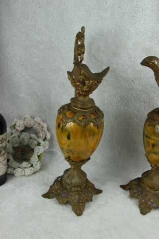 PAIR antique spelter bronze faience French ewer pitcher Vases putti figurines 7