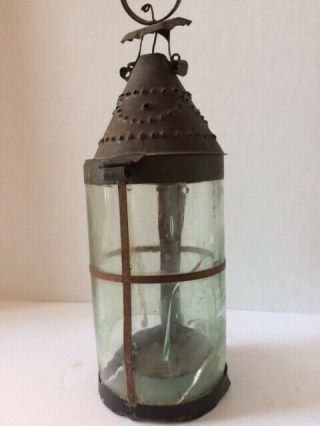 Very Early Round Tin Lantern with Handblown Glass 10 1/2 