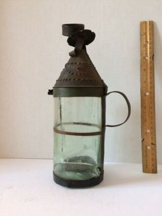 Very Early Round Tin Lantern With Handblown Glass 10 1/2 " High X 3 1/2 " Diameter