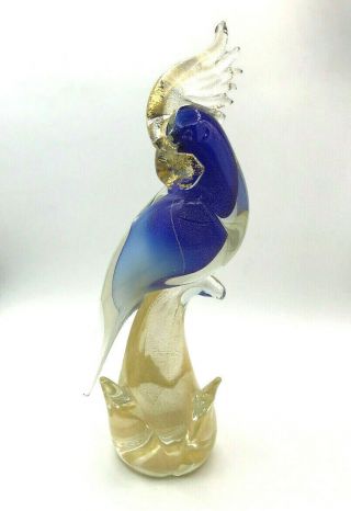 Italian Mid - Century Modern Blue & Gold Murano Art Glass Parrot