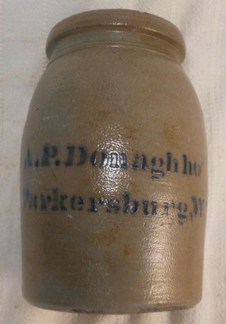 Small Antique Stoneware Jar Cobalt Stencilled " Ap Donaghho,  Parkersburg,  W.  Va.  "