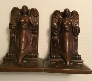 Antique Jb 1529 Deco Theater Nude Wing Lady Bust Mask Statue Bronze Bookends