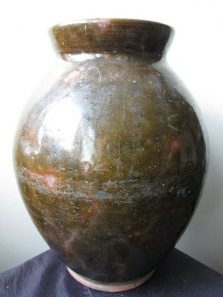 ANTIQUE 19th Century OLIVE GREEN glaze AMERICAN REDWARE Ovoid Pottery JAR 2