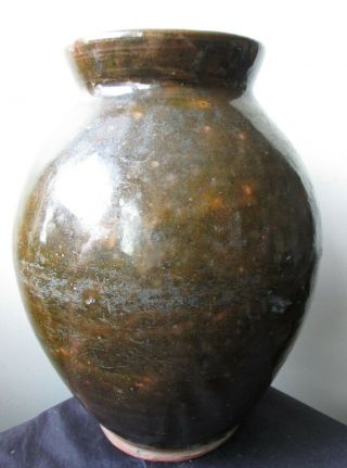 ANTIQUE 19th Century OLIVE GREEN glaze AMERICAN REDWARE Ovoid Pottery JAR 3