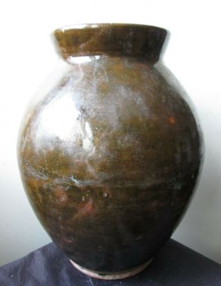 ANTIQUE 19th Century OLIVE GREEN glaze AMERICAN REDWARE Ovoid Pottery JAR 4