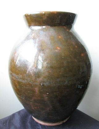 ANTIQUE 19th Century OLIVE GREEN glaze AMERICAN REDWARE Ovoid Pottery JAR 5