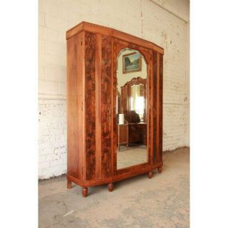Vintage French Art Deco Burl Wood Mirrored Front Knockdown Wardrobe / 1930s Fren 3