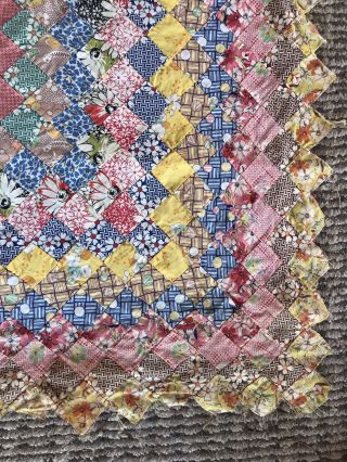 Antique Vtg Feed Sack Quilt Top Patchwork Around The World Hand Sewn 78x81” Wow