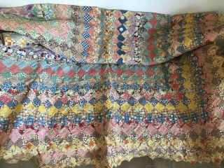 Antique vtg Feed Sack Quilt Top patchwork Around The World Hand Sewn 78x81” WOW 3