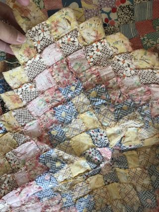 Antique vtg Feed Sack Quilt Top patchwork Around The World Hand Sewn 78x81” WOW 4