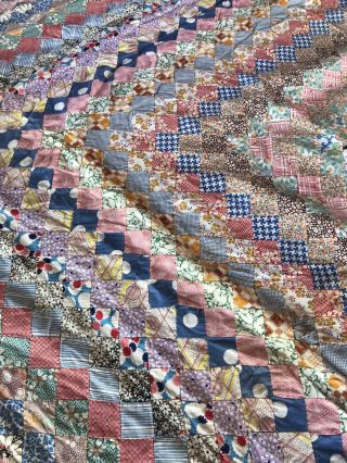 Antique vtg Feed Sack Quilt Top patchwork Around The World Hand Sewn 78x81” WOW 5