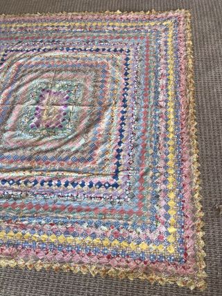 Antique vtg Feed Sack Quilt Top patchwork Around The World Hand Sewn 78x81” WOW 8
