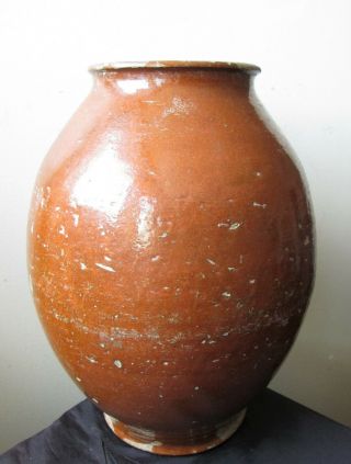 ANTIQUE Rare OVOID FORM Pumpkin ORANGE GLAZE Redware AMERICAN Pottery JAR vase 11