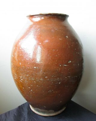ANTIQUE Rare OVOID FORM Pumpkin ORANGE GLAZE Redware AMERICAN Pottery JAR vase 2