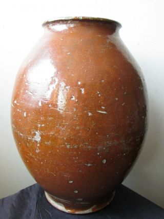 ANTIQUE Rare OVOID FORM Pumpkin ORANGE GLAZE Redware AMERICAN Pottery JAR vase 3