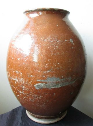 ANTIQUE Rare OVOID FORM Pumpkin ORANGE GLAZE Redware AMERICAN Pottery JAR vase 5