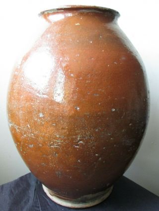 ANTIQUE Rare OVOID FORM Pumpkin ORANGE GLAZE Redware AMERICAN Pottery JAR vase 6