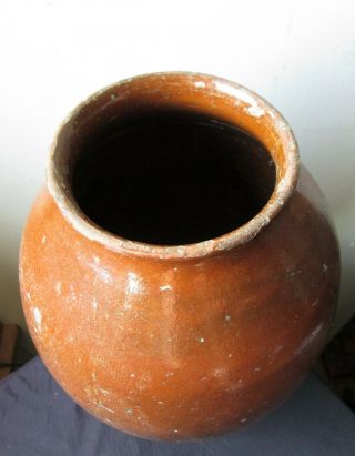 ANTIQUE Rare OVOID FORM Pumpkin ORANGE GLAZE Redware AMERICAN Pottery JAR vase 7