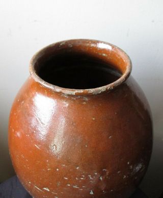 ANTIQUE Rare OVOID FORM Pumpkin ORANGE GLAZE Redware AMERICAN Pottery JAR vase 8