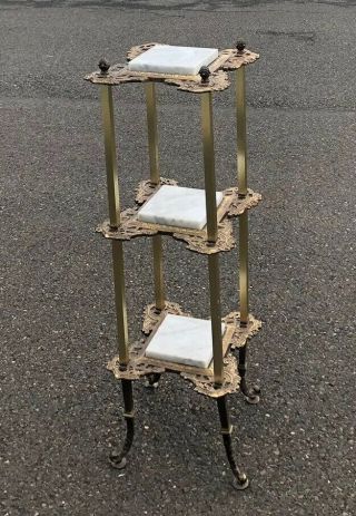 Antique Brass Marble Plant Stand Metal 3 Tier Ornate Side Table Lamp Stand Rare