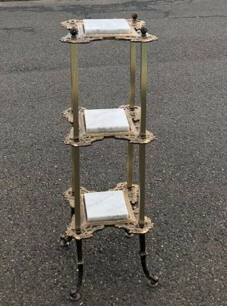 Antique Brass Marble Plant Stand Metal 3 Tier Ornate Side Table Lamp Stand Rare 2