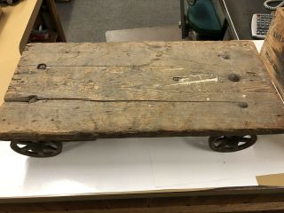 Antique Vintage Wood Metal Cart Dolly Cast Iron Wheels Farm Decor Wagon 5