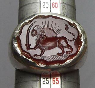 Persia,  Carnelian Agate Silver Ring Engraved,  Persian Emblem,  Lion,  Sun,  Sword