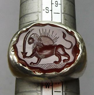 PERSIA,  CARNELIAN AGATE SILVER RING ENGRAVED,  PERSIAN EMBLEM,  LION,  SUN,  SWORD 3