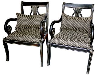 Vintage Wide Seat Black & Gold Arm Chairs With Extra Cushion