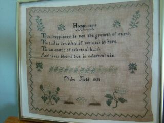 1825 Phebe Field American Sampler Titled " Happiness " Found In Massachusetts