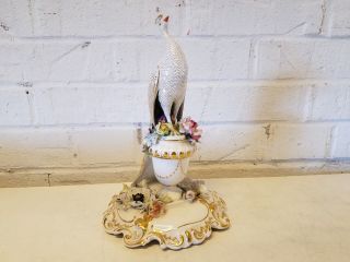 Antique Royal Crown Derby Porcelain Peacock Perched On Flowering Urn Figurine