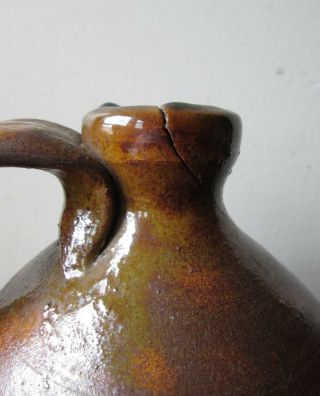 ANTIQUE 19th Century Green and orange SPOTTED glaze American REDWARE Pottery Jug 10