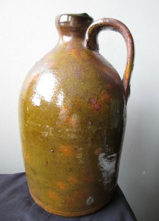 Antique 19th Century Green And Orange Spotted Glaze American Redware Pottery Jug