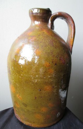 ANTIQUE 19th Century Green and orange SPOTTED glaze American REDWARE Pottery Jug 2