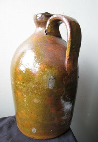 ANTIQUE 19th Century Green and orange SPOTTED glaze American REDWARE Pottery Jug 4