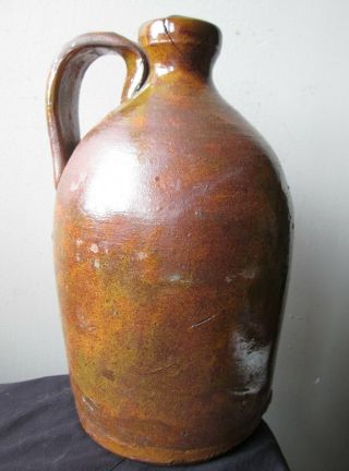 ANTIQUE 19th Century Green and orange SPOTTED glaze American REDWARE Pottery Jug 6