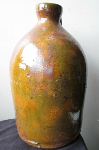 ANTIQUE 19th Century Green and orange SPOTTED glaze American REDWARE Pottery Jug 7