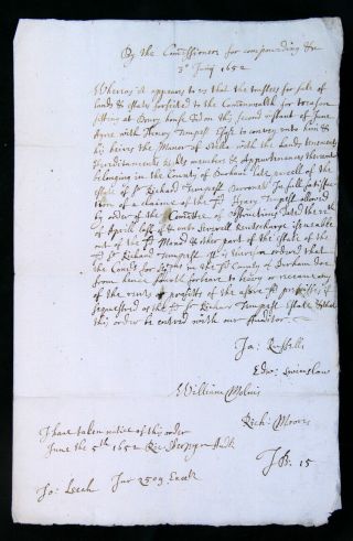 English Parliament Discharge Of Sequestration Manuscript 1652 Stella Manor F.  P.