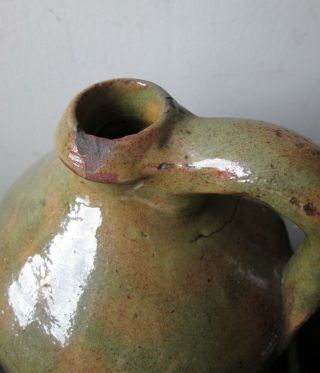 19th Century Antique American REDWARE Pottery Jug Spotted GREEN & ORANGE Glaze 11