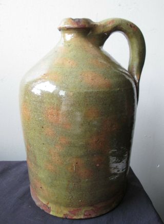 19th Century Antique American Redware Pottery Jug Spotted Green & Orange Glaze