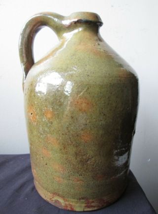 19th Century Antique American REDWARE Pottery Jug Spotted GREEN & ORANGE Glaze 3