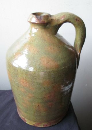 19th Century Antique American REDWARE Pottery Jug Spotted GREEN & ORANGE Glaze 5