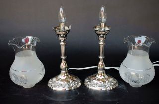 PAIR VINTAGE SILVER PLATE MANTLE LAMPS WITH ETCHED/FROSTED HURRICANE SHADES 10