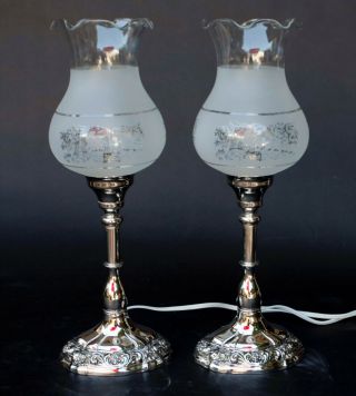 PAIR VINTAGE SILVER PLATE MANTLE LAMPS WITH ETCHED/FROSTED HURRICANE SHADES 12