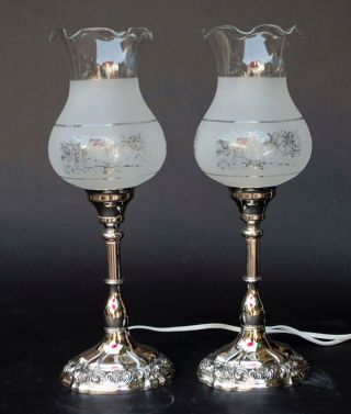Pair Vintage Silver Plate Mantle Lamps With Etched/frosted Hurricane Shades