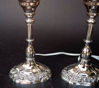 PAIR VINTAGE SILVER PLATE MANTLE LAMPS WITH ETCHED/FROSTED HURRICANE SHADES 5