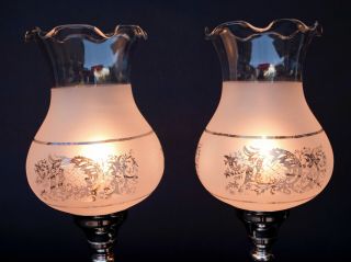 PAIR VINTAGE SILVER PLATE MANTLE LAMPS WITH ETCHED/FROSTED HURRICANE SHADES 6