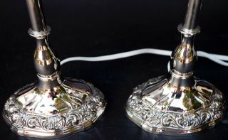 PAIR VINTAGE SILVER PLATE MANTLE LAMPS WITH ETCHED/FROSTED HURRICANE SHADES 8
