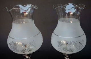PAIR VINTAGE SILVER PLATE MANTLE LAMPS WITH ETCHED/FROSTED HURRICANE SHADES 9