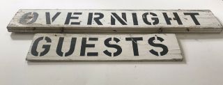 Great Antique 2 - sided wood black & white “Overnight Guests” Sign 10